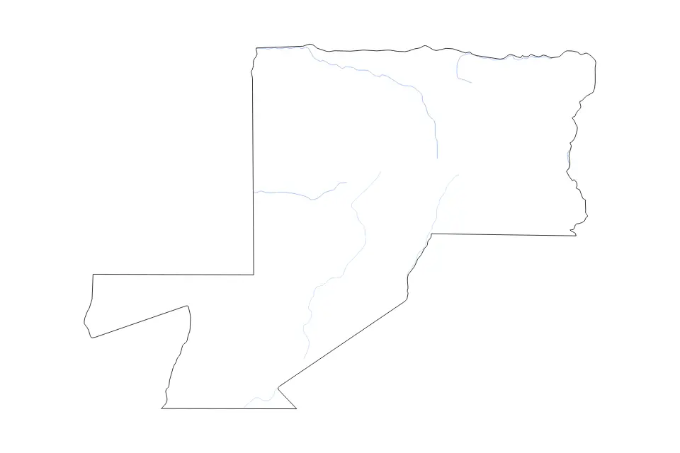 Outline map of Woleu-Ntem, Gabon with subdivision borders and rivers.