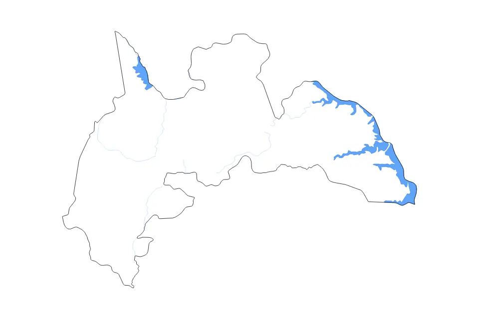 Outline map of Brong-Ahafo, Ghana with subdivision borders and major lakes and rivers.