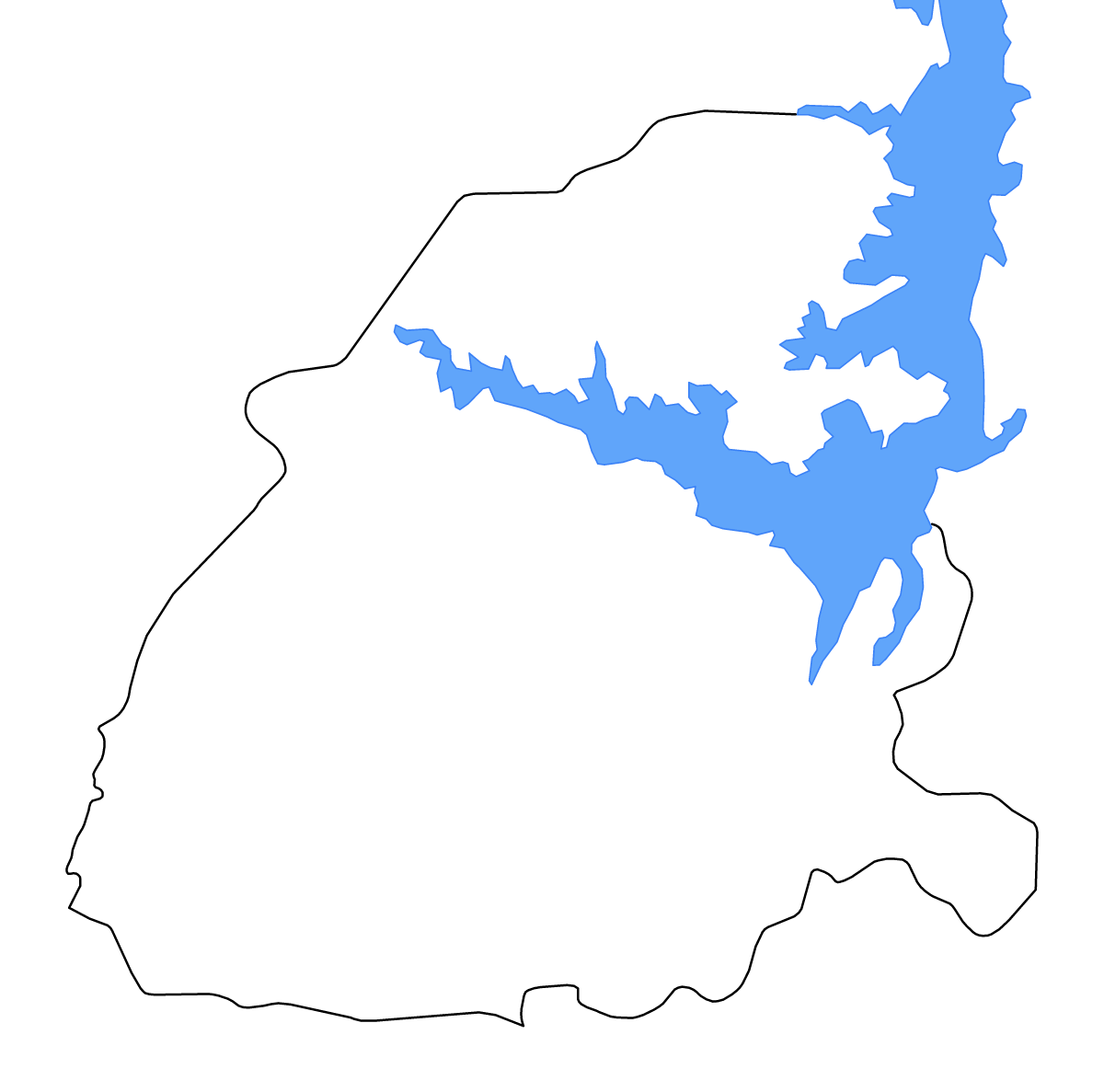 Outline map of Eastern, Ghana with lakes and rivers.
