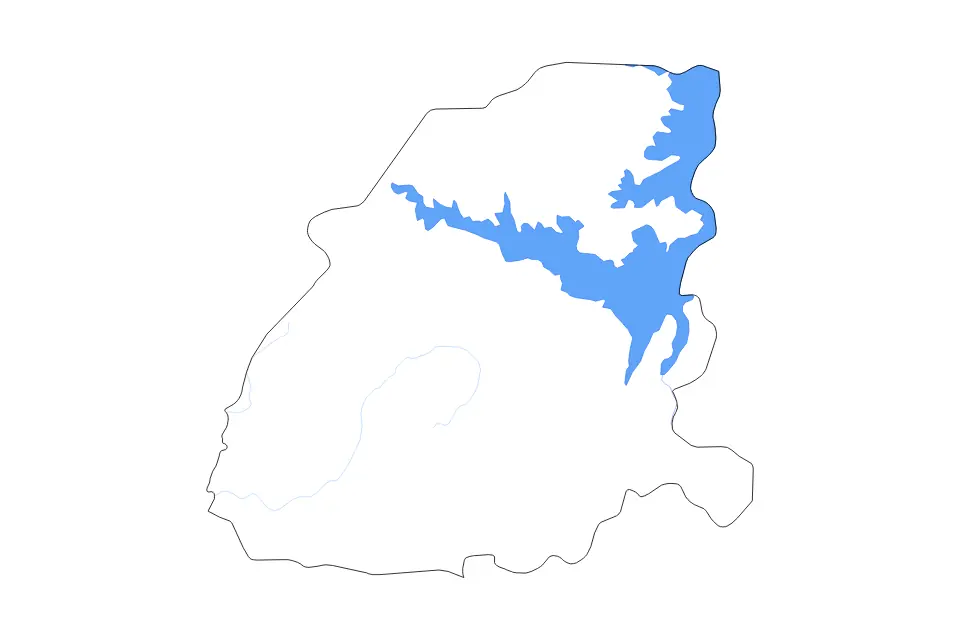 Mapa de Eastern, Ghana de tipo contorno, lagos y ríos para África, con contorno, lagos y ríos con límites limpios.