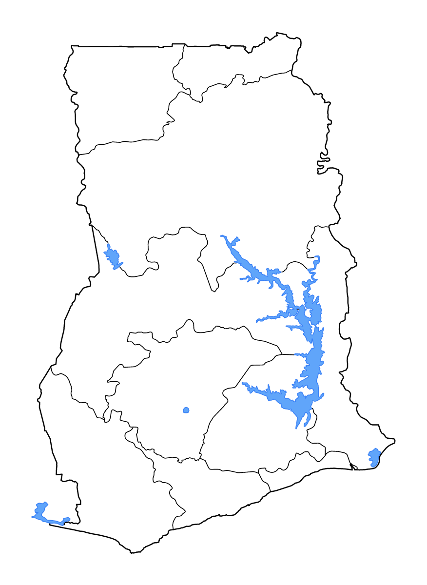 Mapa de contorno de Ghana con límites administrativos internos, lagos y ríos.