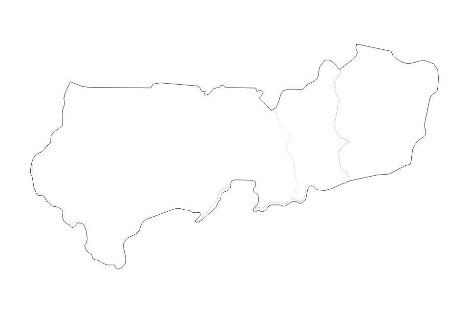 Outline map of Upper East, Ghana with subdivision borders and rivers.