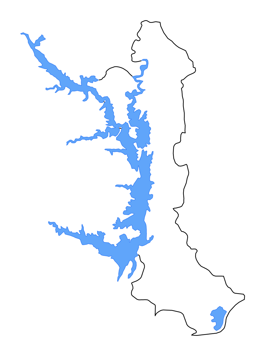 Mapa de contorno de Volta, Ghana con lagos y ríos.