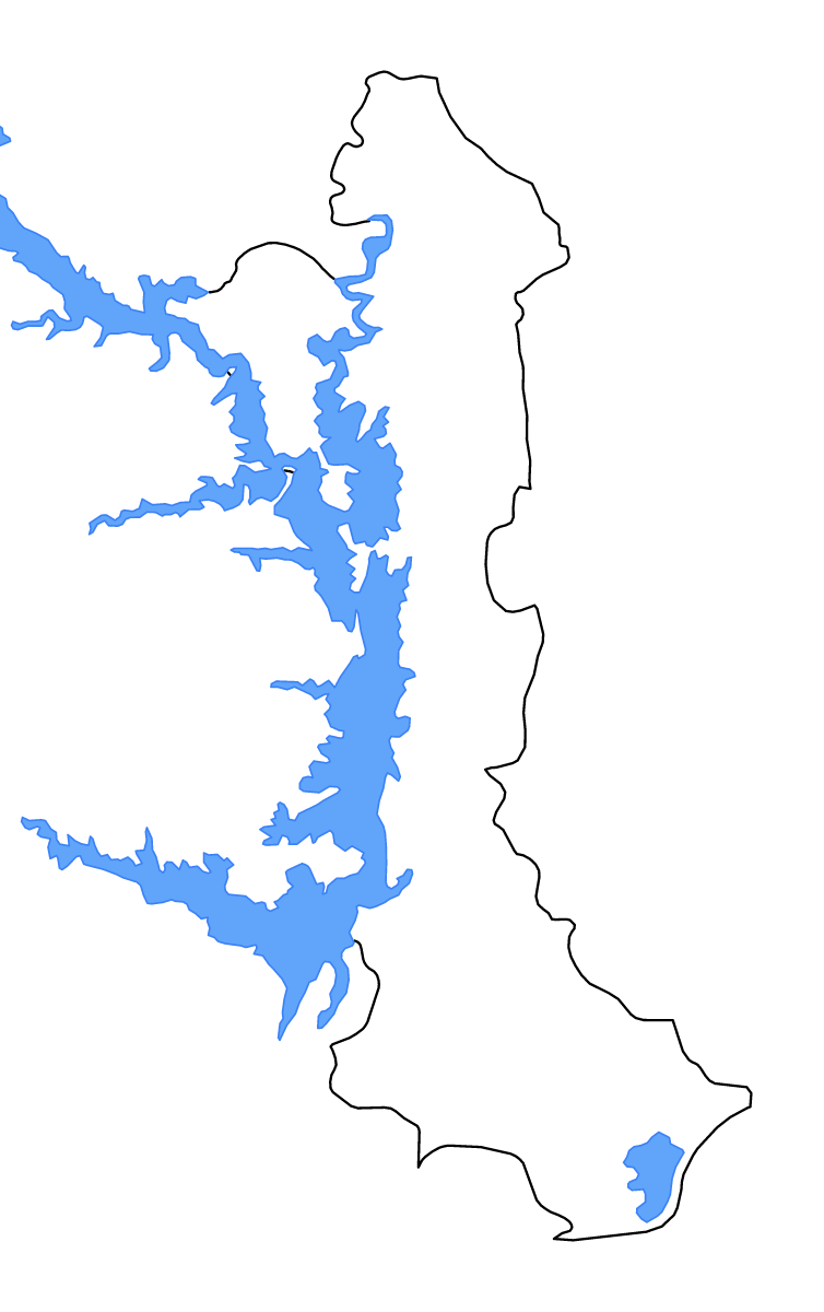 Mapa de contorno de Volta, Ghana con lagos y ríos.
