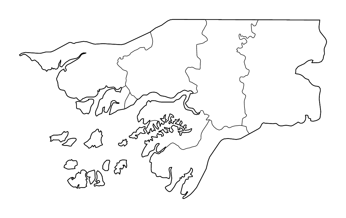 Mapa de contorno de Guinea-Bissau con límites administrativos internos y ríos.