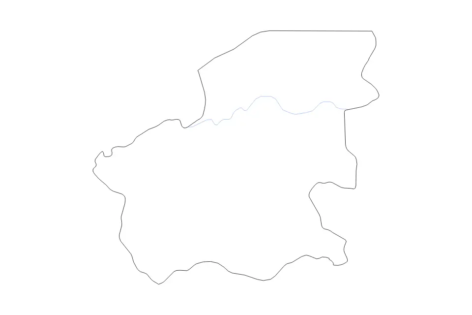 Outline map of Oio, Guinea Bissau with subdivision borders and rivers.