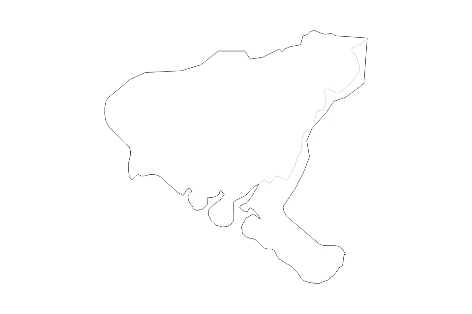 Outline map of Boffa Prefecture, Guinea with subdivision borders and rivers.