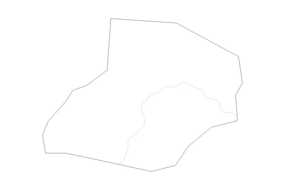 Outline map of Fria Prefecture, Guinea with subdivision borders and rivers.