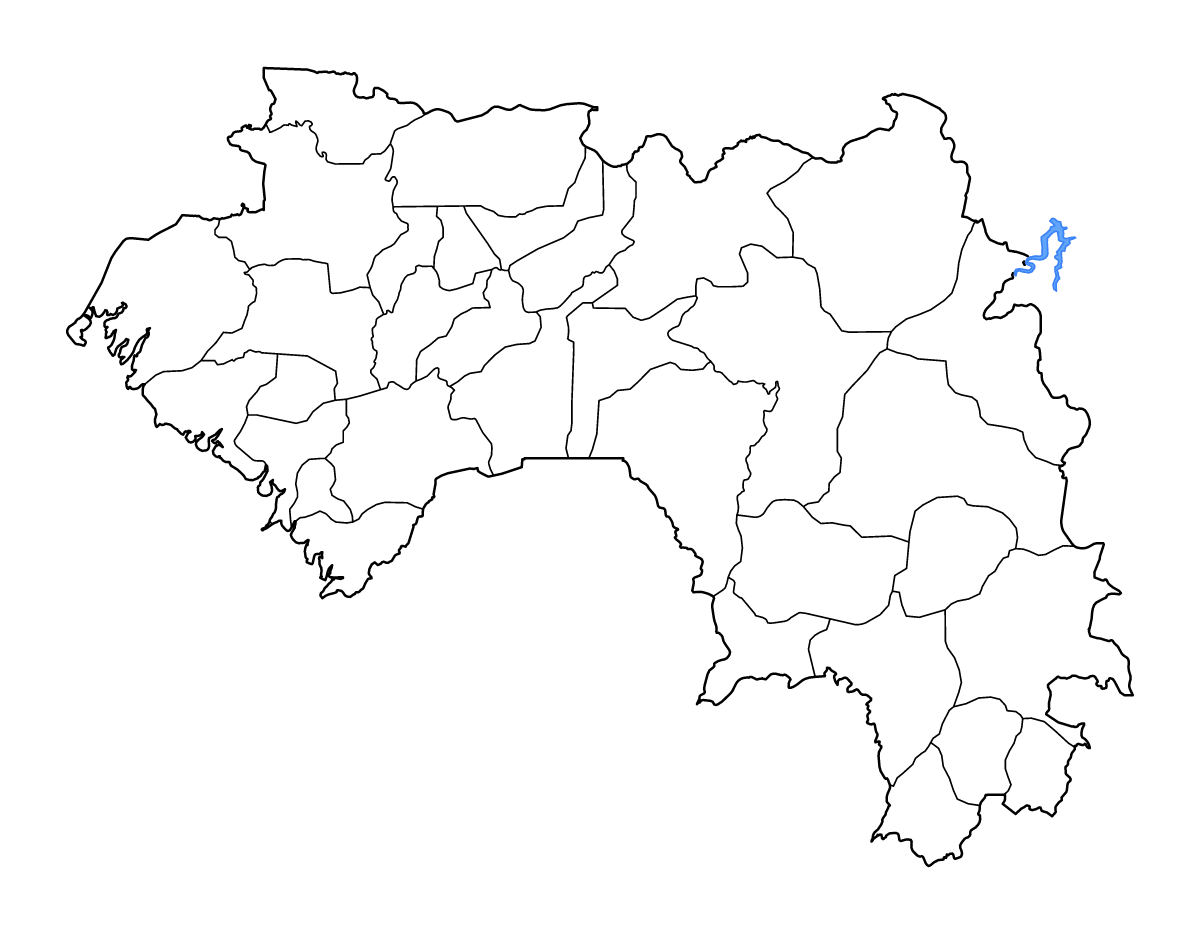 Mapa de contorno de Guinea con límites administrativos internos, lagos y ríos.