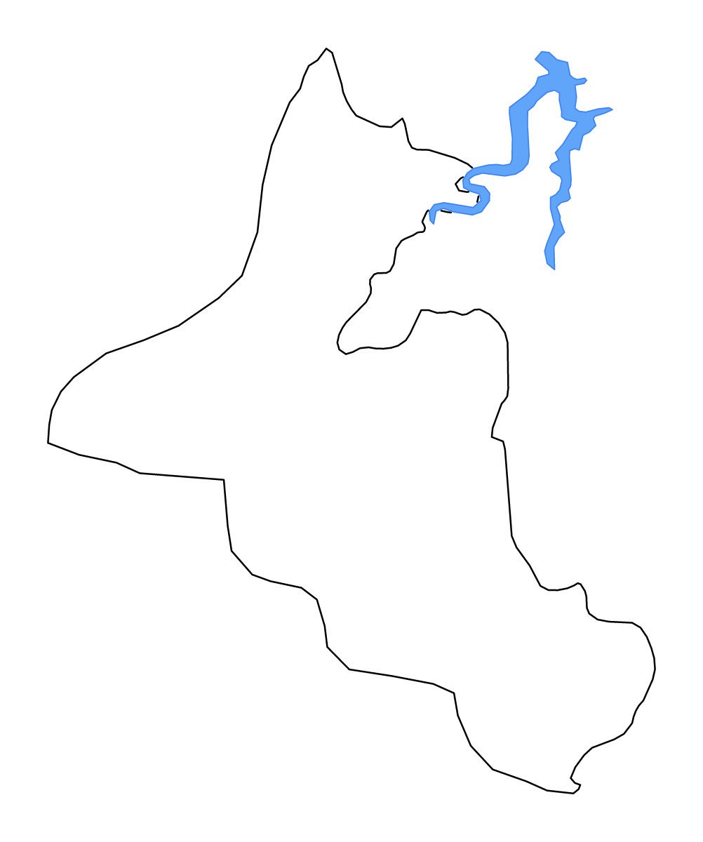 Mapa de contorno de Mandiana Prefecture, Guinea con lagos y ríos.
