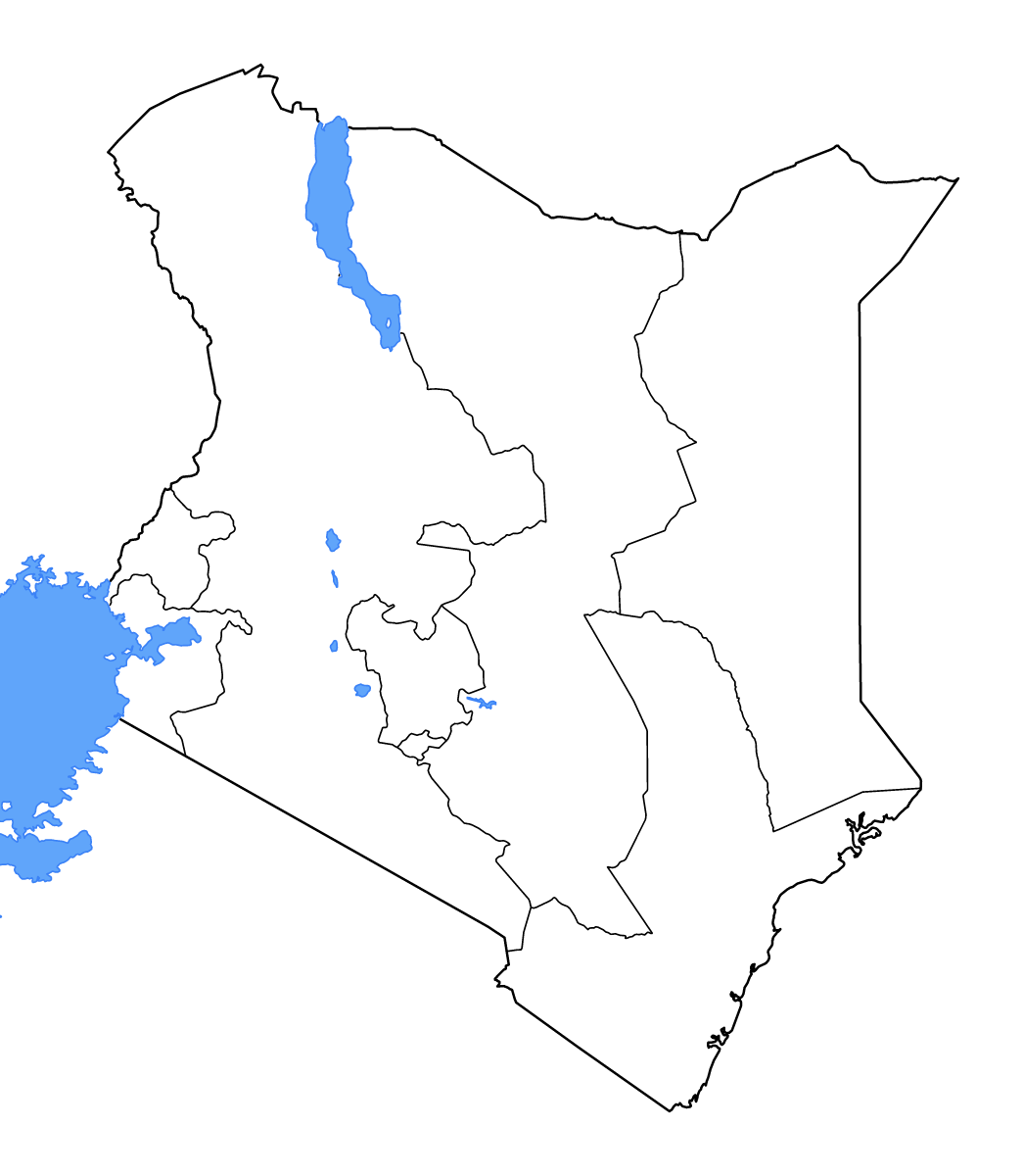 Mapa de contorno de Kenya con límites administrativos internos, lagos y ríos.