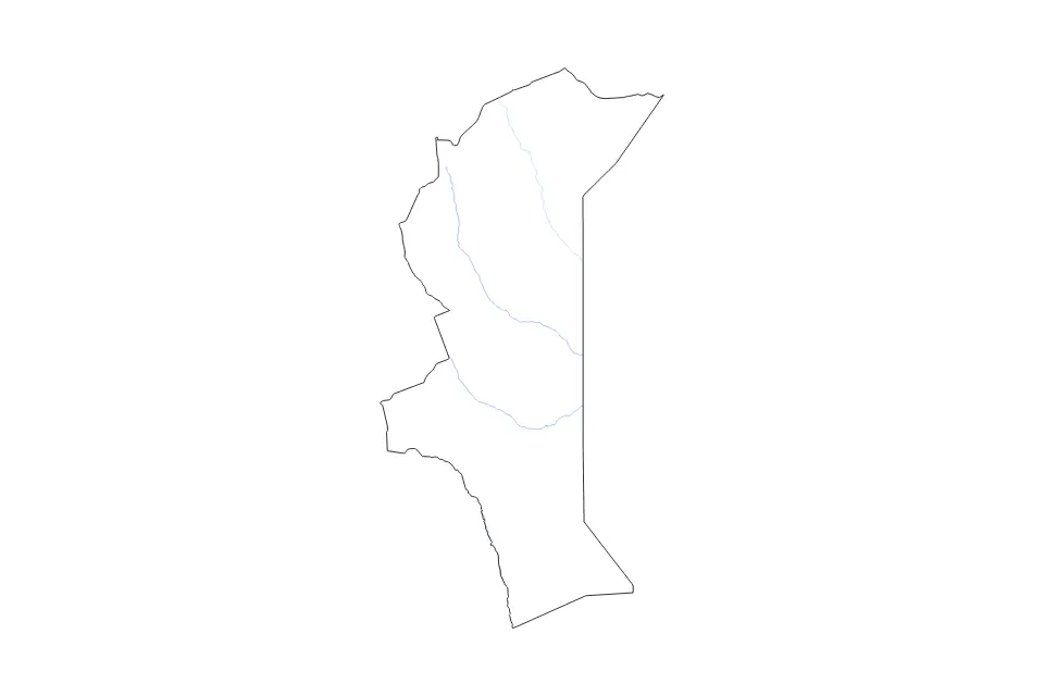 Outline map of North Eastern, Kenya with subdivision borders and rivers.