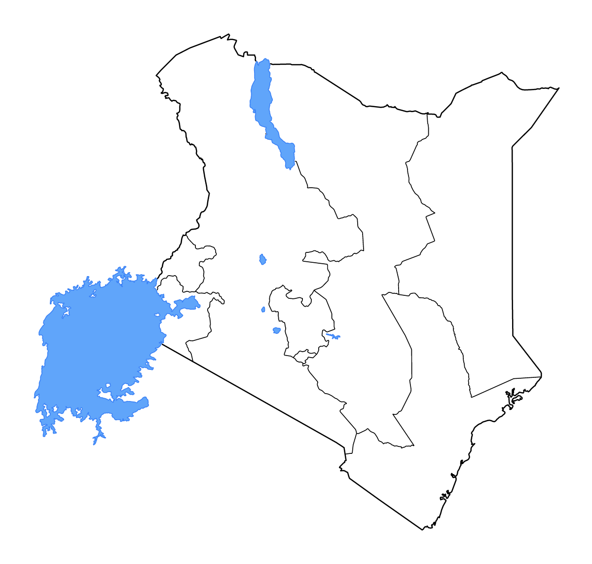 Carte de contour de Kenya avec limites administratives internes, lacs et rivières.