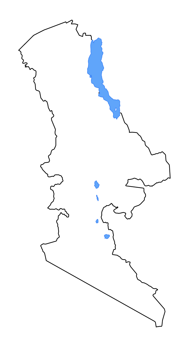 Mapa de contorno de Rift Valley, Kenya con lagos y ríos.