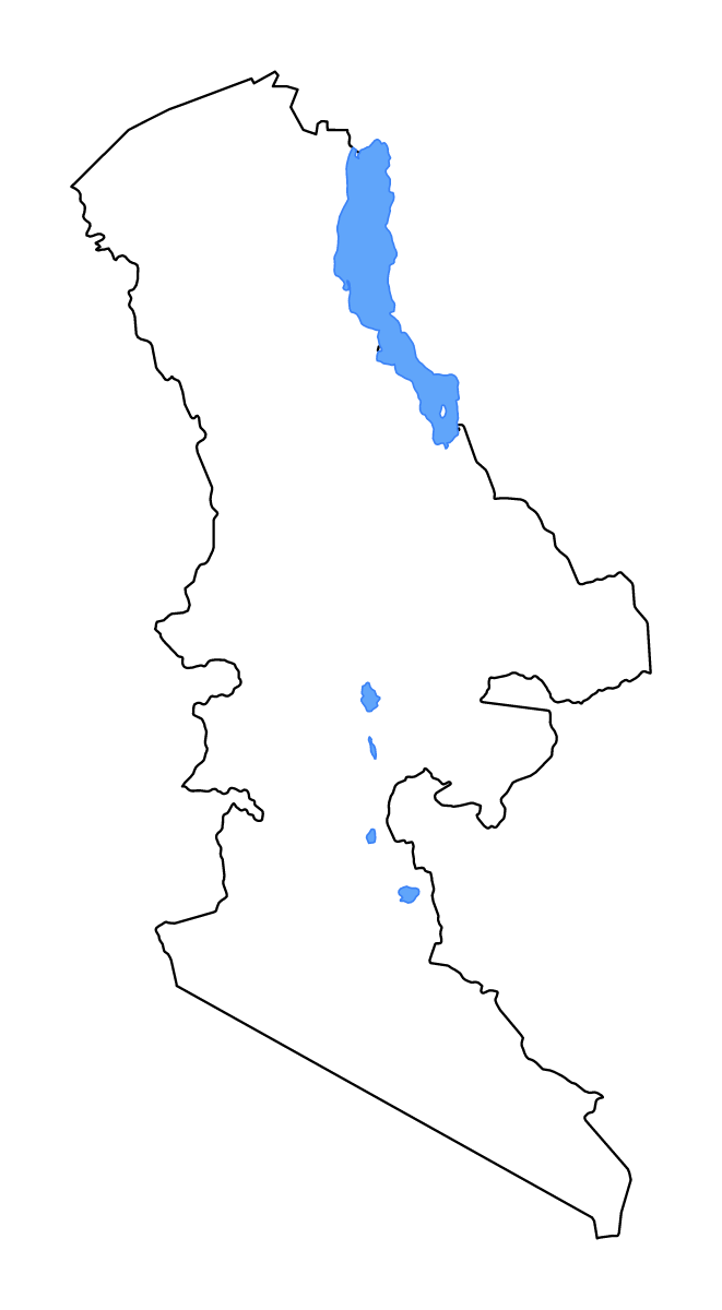 Mapa de contorno de Rift Valley, Kenya con lagos y ríos.