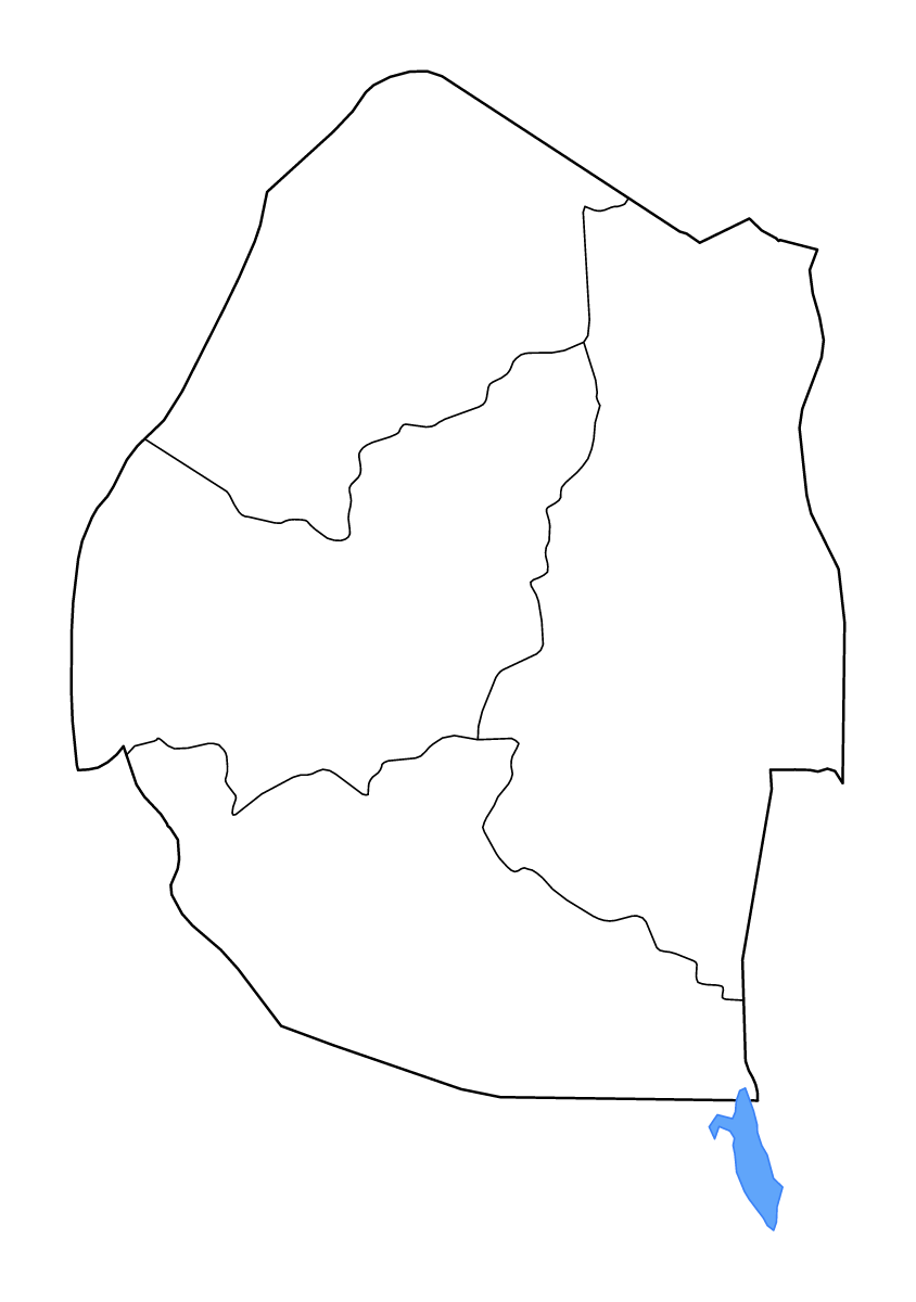 Mapa de contorno de Kingdom of eSwatini con límites administrativos internos, lagos y ríos.