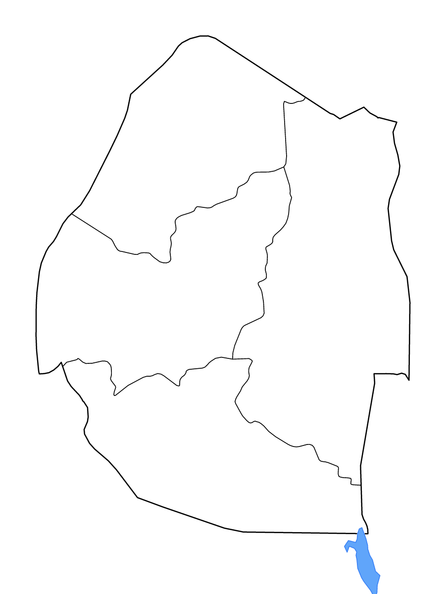 Carte de contour de Kingdom of eSwatini avec limites administratives internes, lacs et rivières.