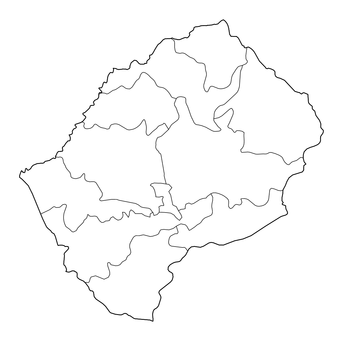 Mapa de contorno de Lesotho con límites administrativos internos y ríos.