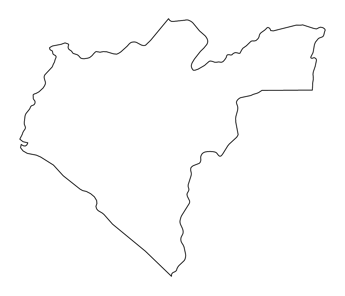 Outline map of Grand Bassa County, Liberia with rivers.