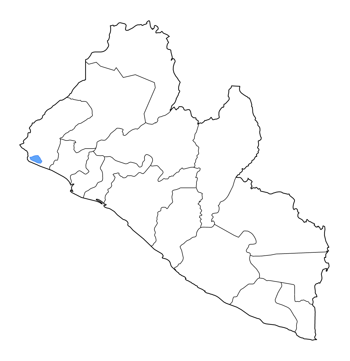Mapa de contorno de Liberia con límites administrativos internos, lagos y ríos.