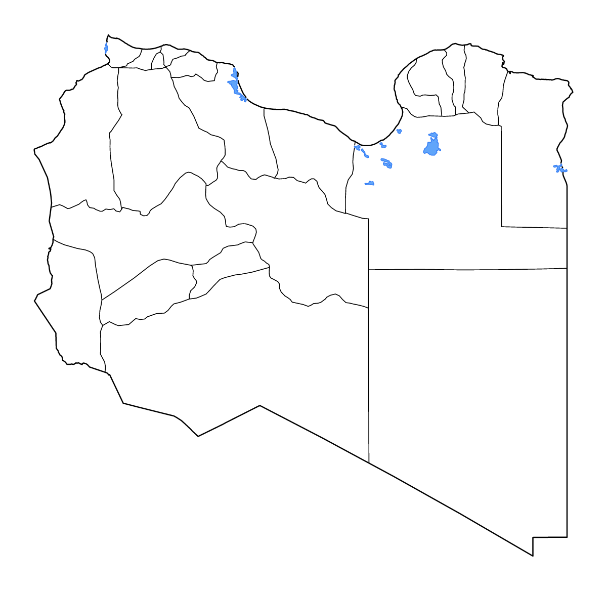 Mapa de contorno de Libya con límites administrativos internos, lagos y ríos.