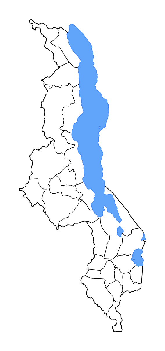 Mapa de contorno de Malawi con límites administrativos internos, lagos y ríos.