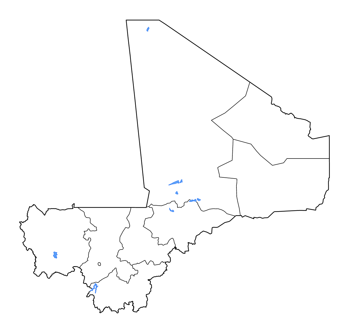 Mapa de contorno de Mali con límites administrativos internos, lagos y ríos.