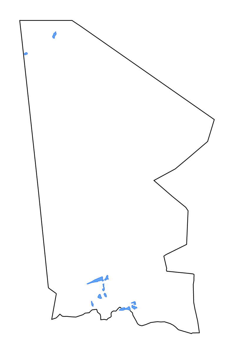 Mapa de contorno de Tombouctou, Mali con lagos y ríos.