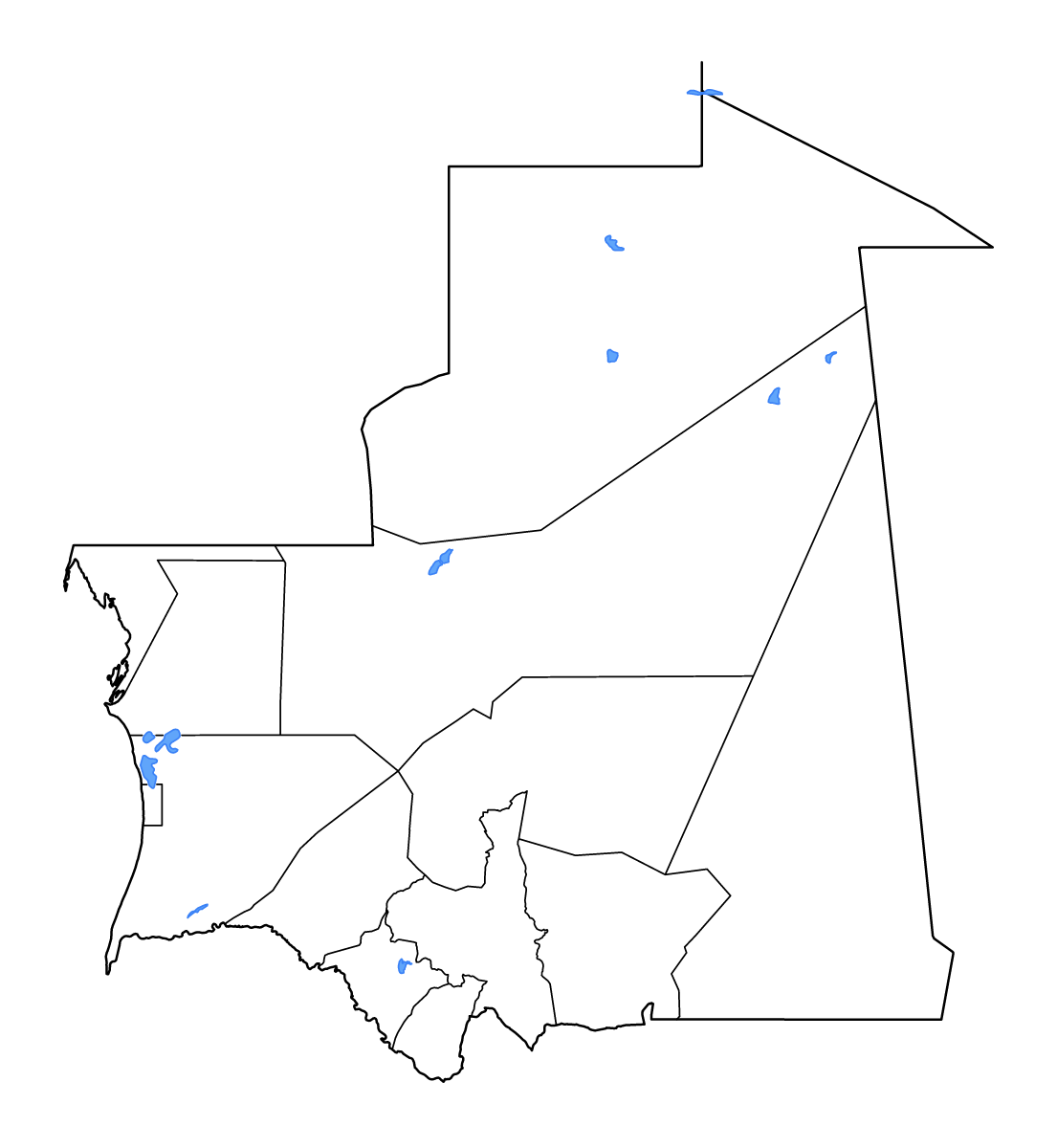 Carte de contour de Mauritania avec limites administratives internes, lacs et rivières.
