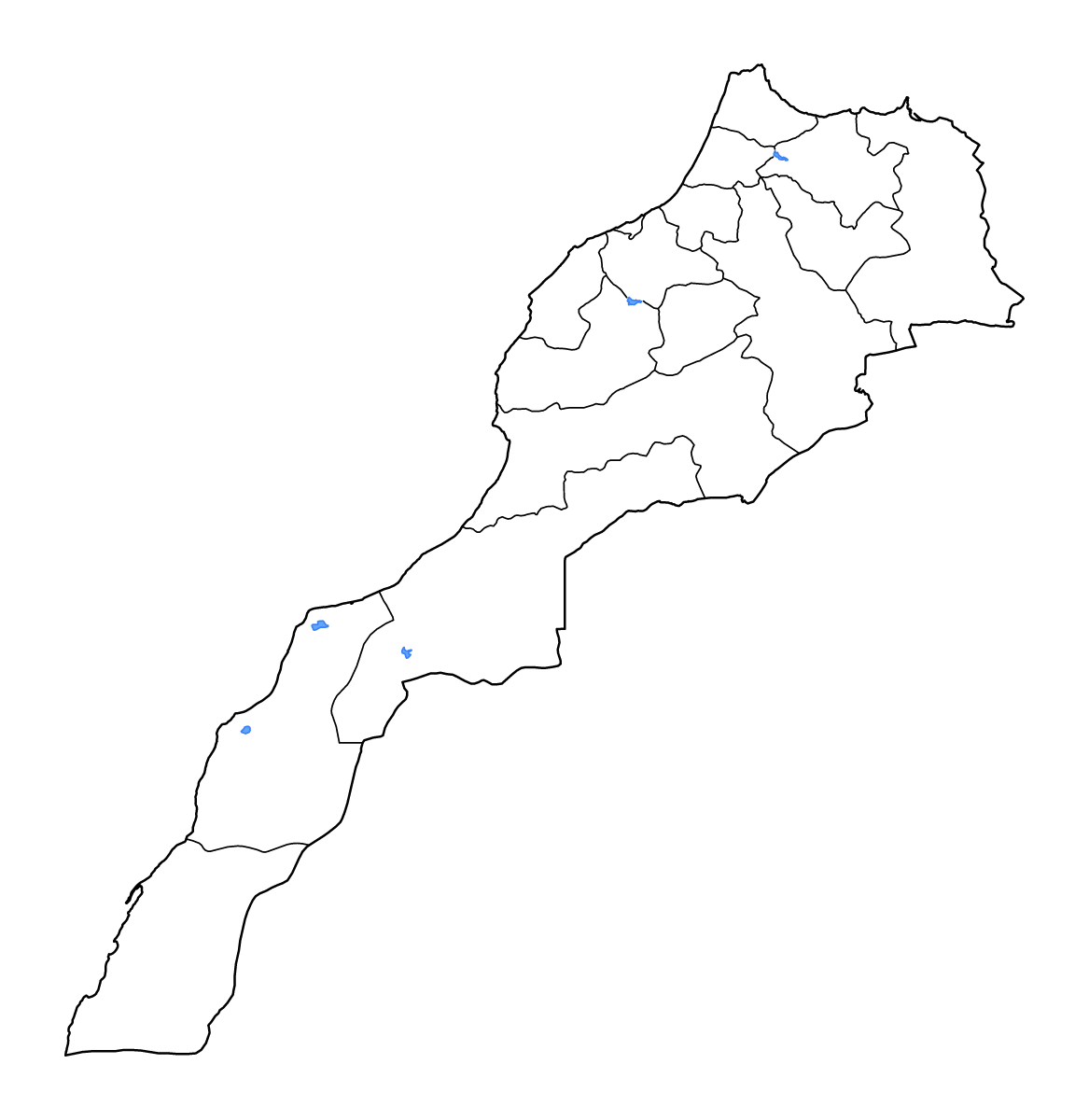 Mapa de contorno de Morocco con límites administrativos internos, lagos y ríos.