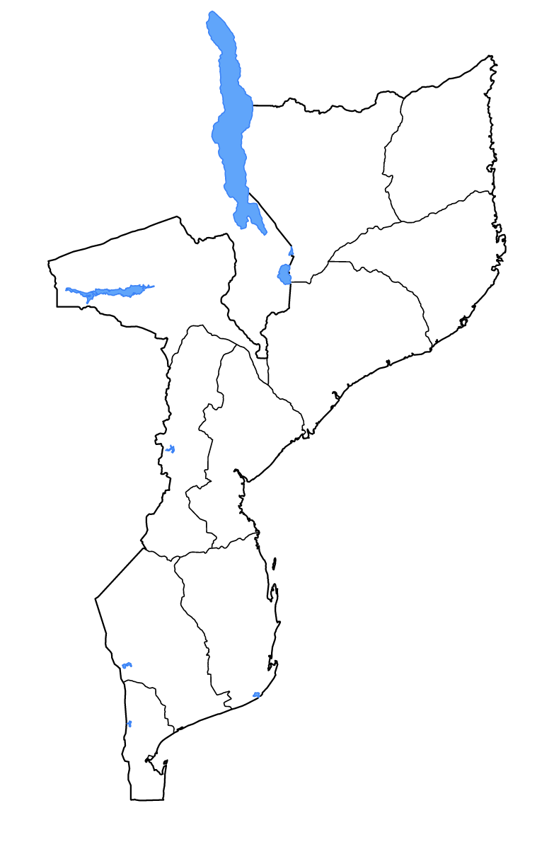 Mapa de contorno de Mozambique con límites administrativos internos, lagos y ríos.