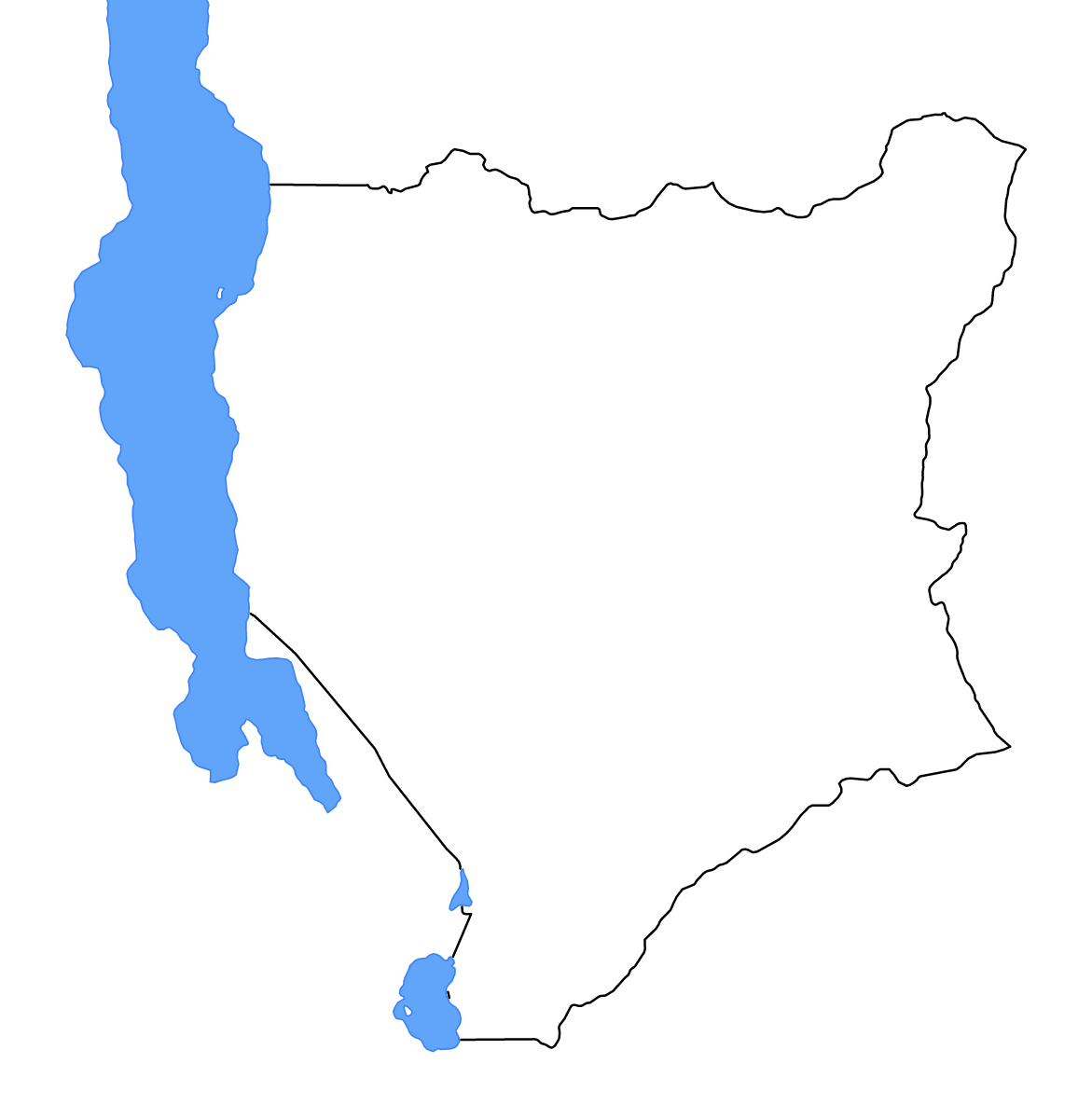 Mapa de contorno de Niassa, Mozambique con lagos y ríos.