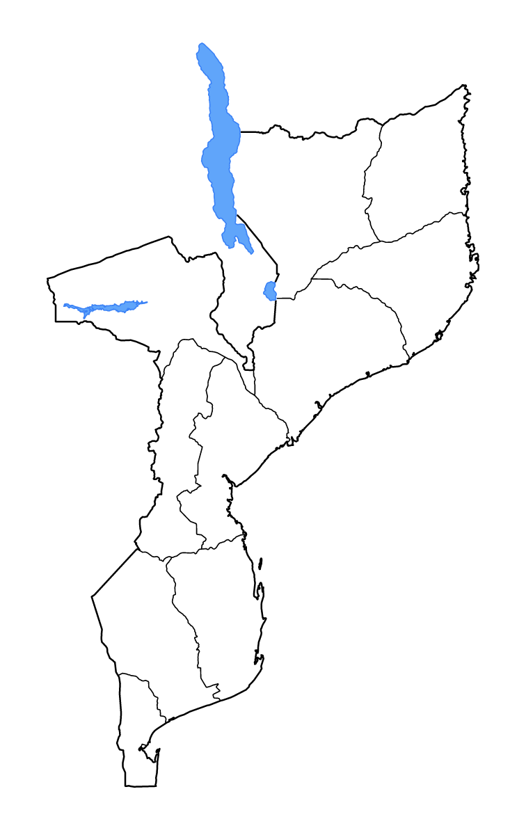 Mapa de contorno de Mozambique con límites administrativos internos, lagos y ríos.