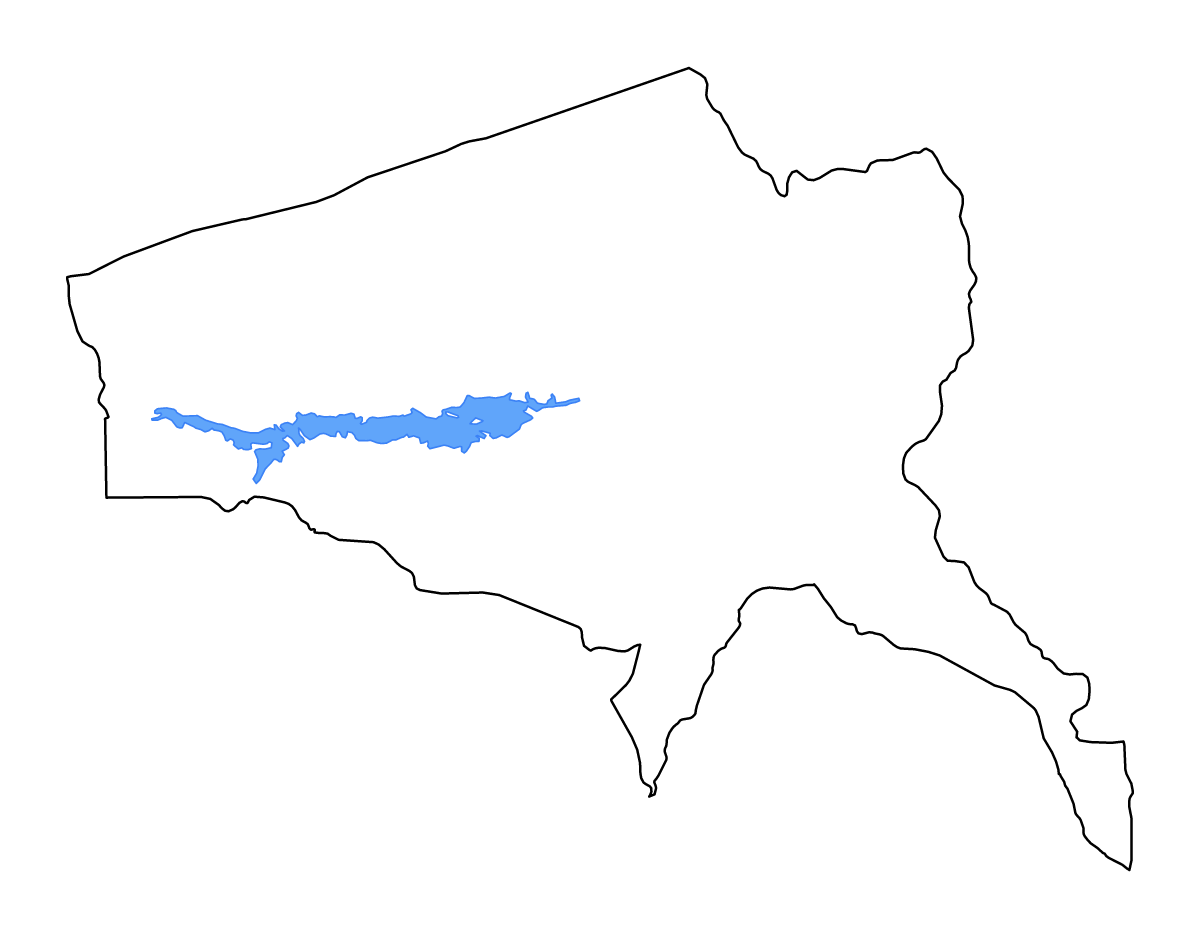 Mapa de contorno de Tete, Mozambique con lagos y ríos.
