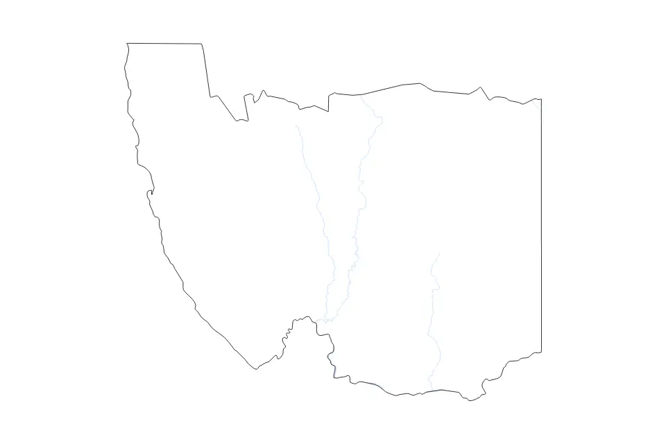 Outline map of Karas, Namibia with subdivision borders and rivers.