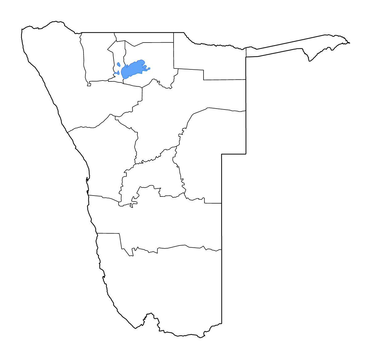 Mapa de contorno de Namibia con límites administrativos internos, lagos y ríos.