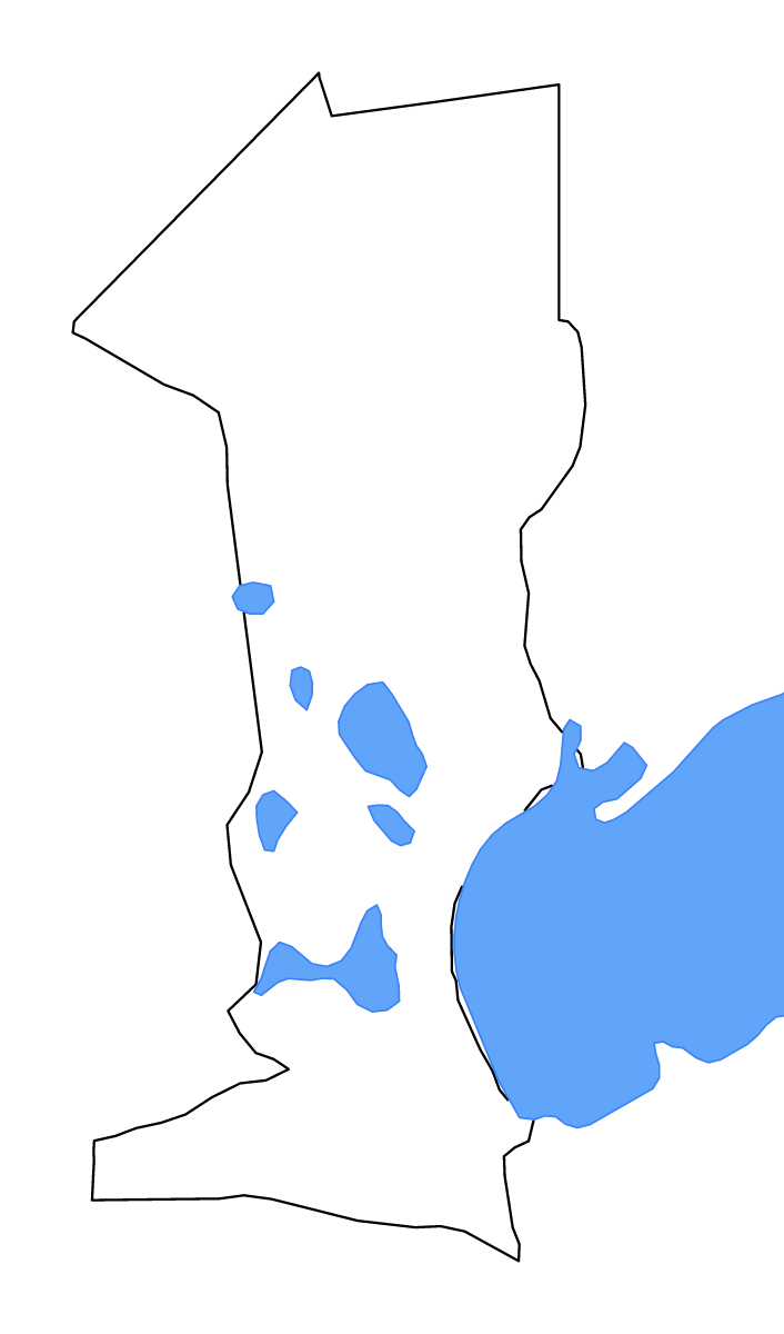 Mapa de contorno de Oshana, Namibia con lagos y ríos.