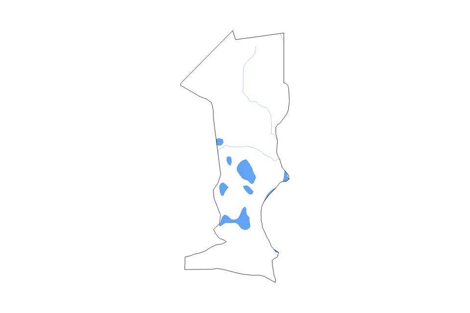 Outline map of Oshana, Namibia with subdivision borders and major lakes and rivers.