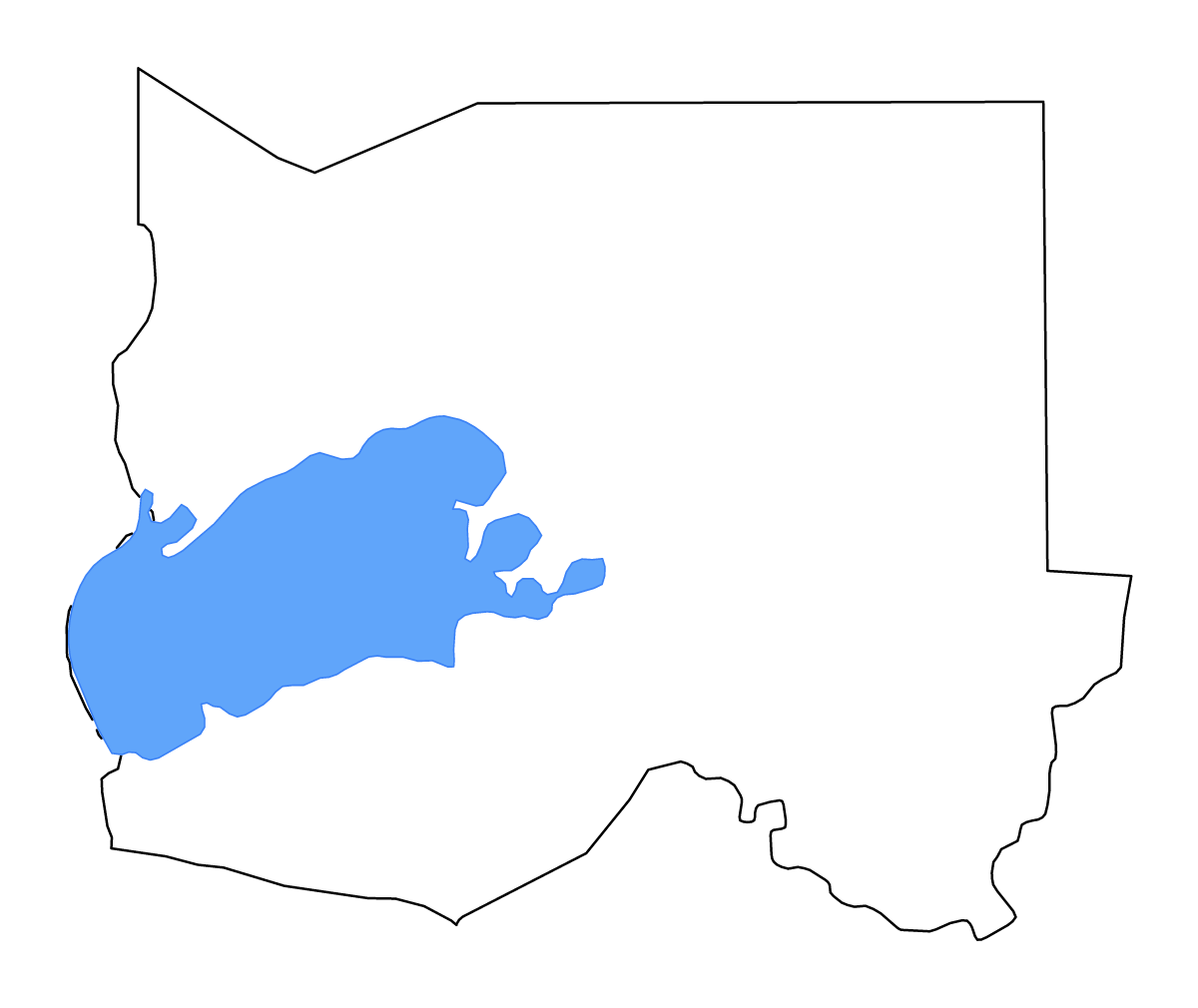 Mapa de contorno de Oshikoto, Namibia con lagos y ríos.