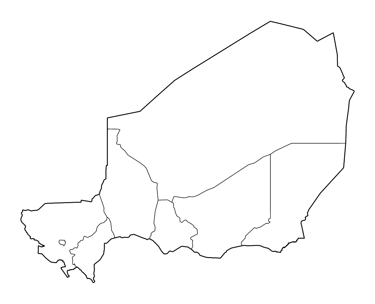 Mapa de contorno de Niger con límites administrativos internos y ríos.