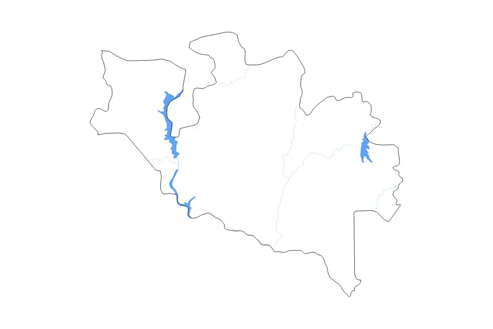 Mapa de Niger State, Nigeria de tipo contorno, subdivisiones, lagos y ríos para África, con contorno, subdivisiones, lagos y ríos con elementos de agua como Shiroro Lake, Kainji Reservoir y Jebba Reservoir.