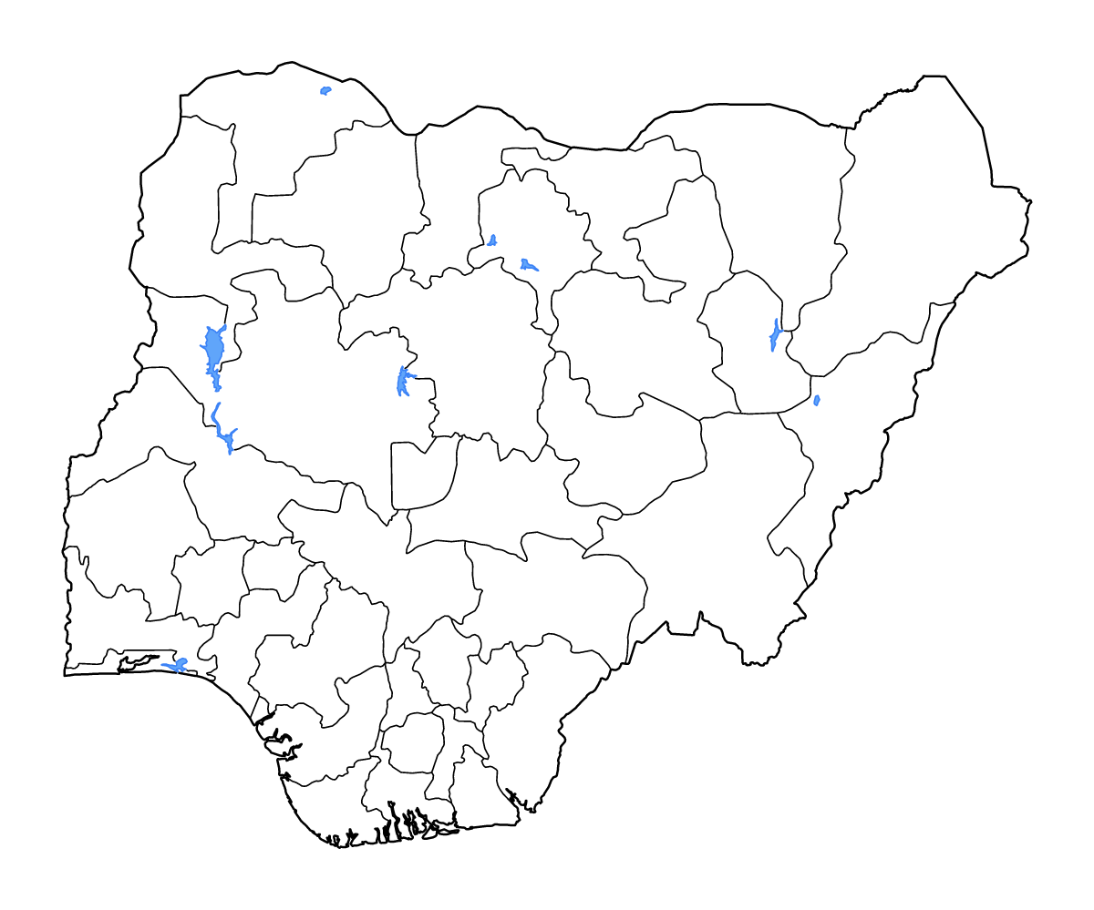 Mapa de contorno de Nigeria con límites administrativos internos, lagos y ríos.
