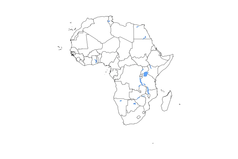 Mapa de contorno de Africa con límites administrativos internos, lagos y ríos.