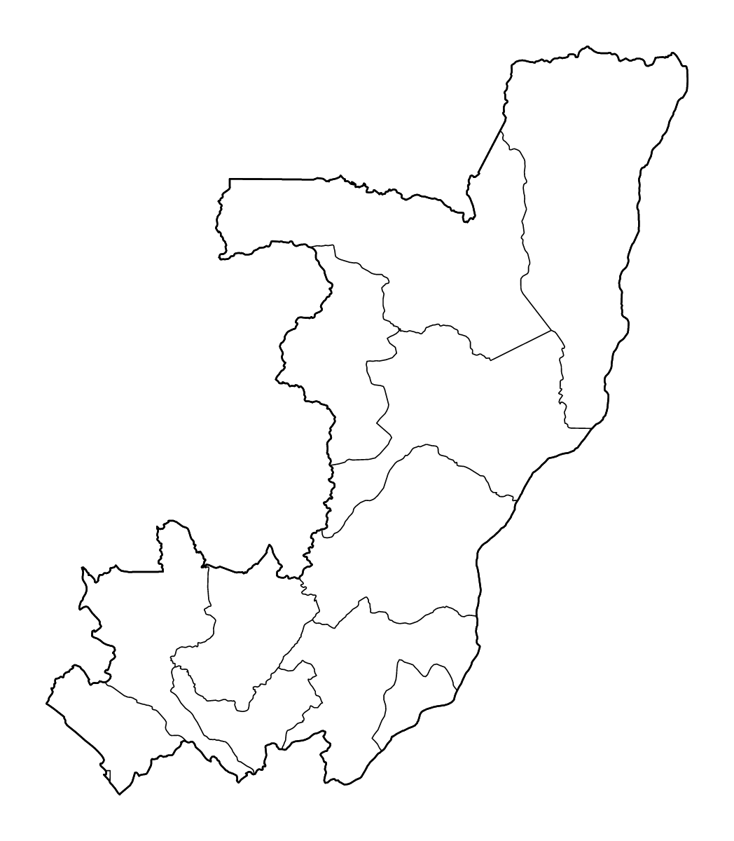 Mapa de contorno de Republic of the Congo con límites administrativos internos y ríos.