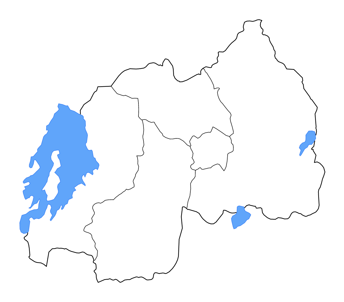 Carte de contour de Rwanda avec limites administratives internes, lacs et rivières.