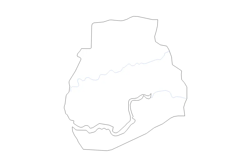 Outline map of Sédhiou, Senegal with subdivision borders and rivers.