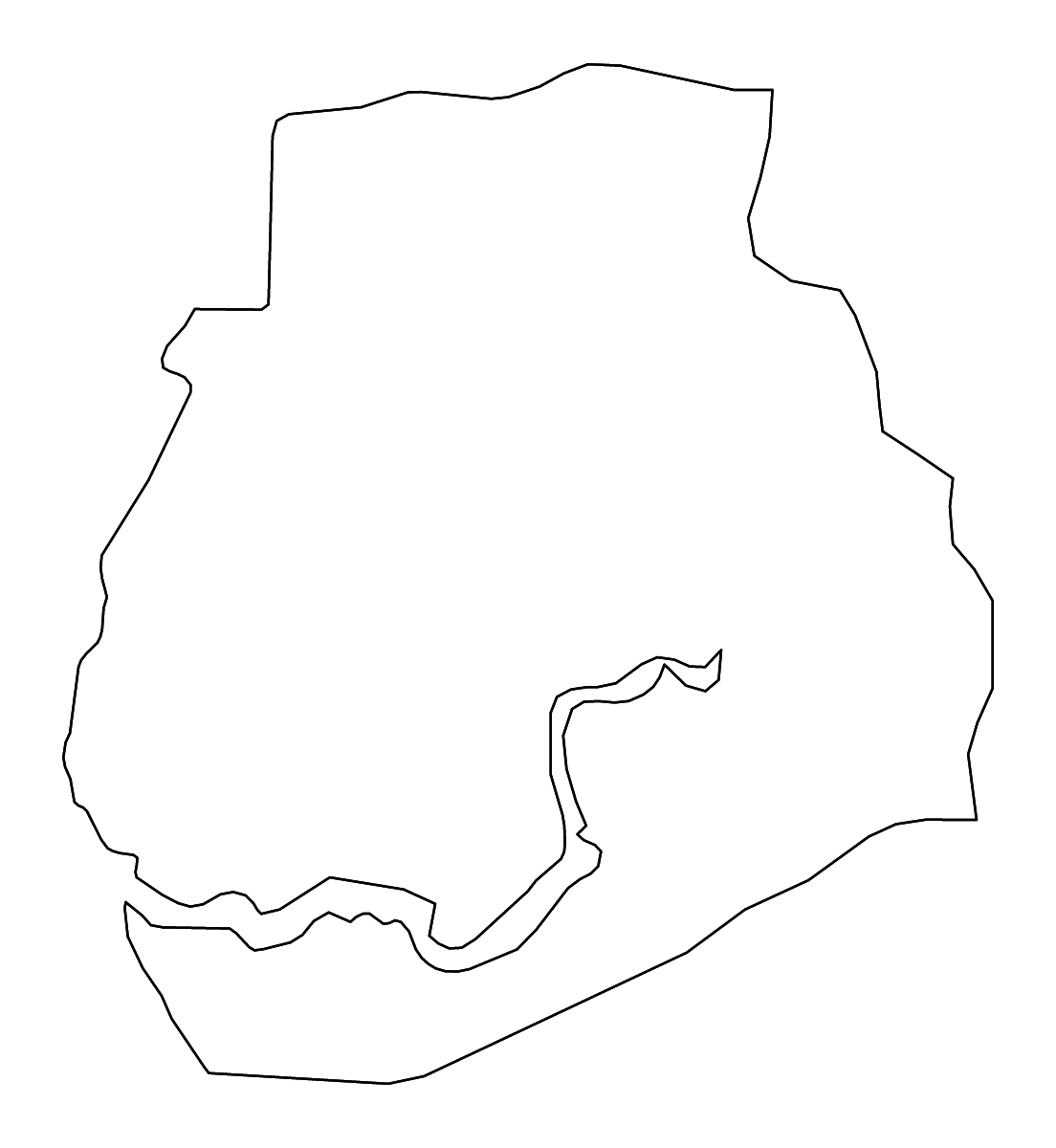 Mapa de contorno de Sédhiou, Senegal con ríos.