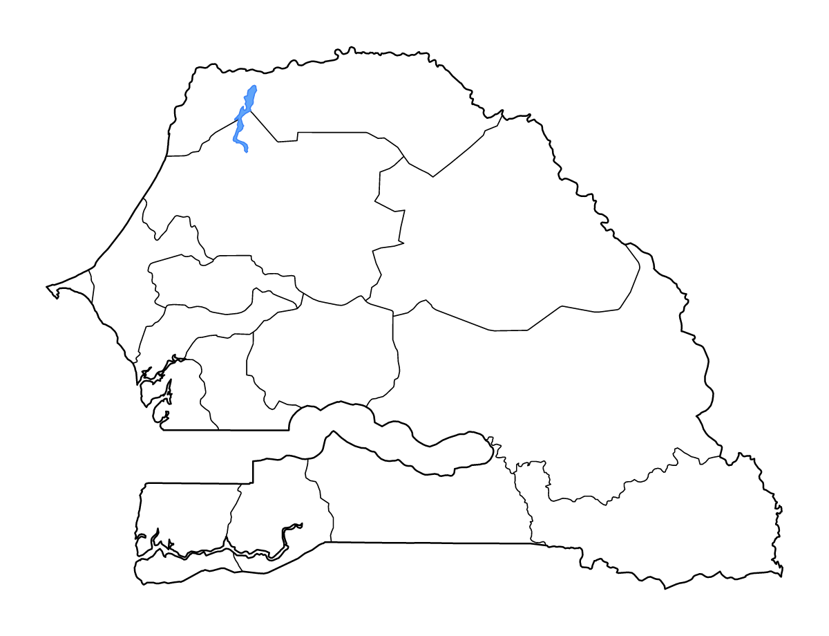 Mapa de contorno de Senegal con límites administrativos internos, lagos y ríos.