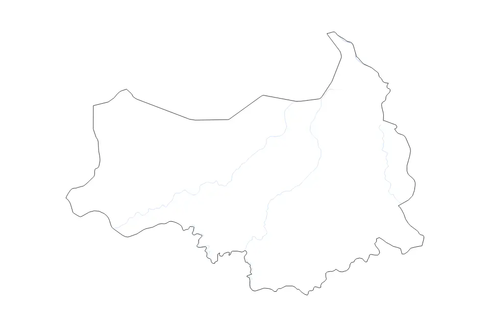 Outline map of Tambacounda, Senegal with subdivision borders and rivers.
