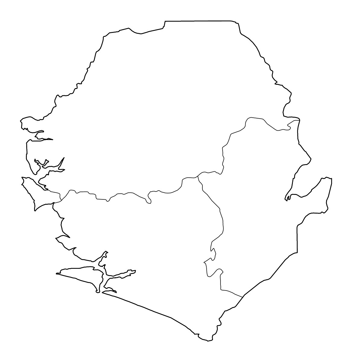 Carte de contour de Sierra Leone avec limites administratives internes et rivières.